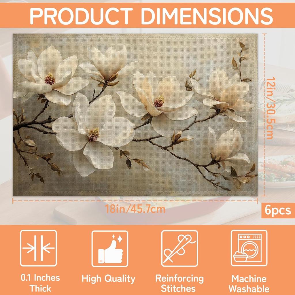 Vintage Magnolia Placemats Set of 6,Waterproof Heat Resistant Dining Table Plate Mat for Home Kitchen Dining Table 12x18Inch