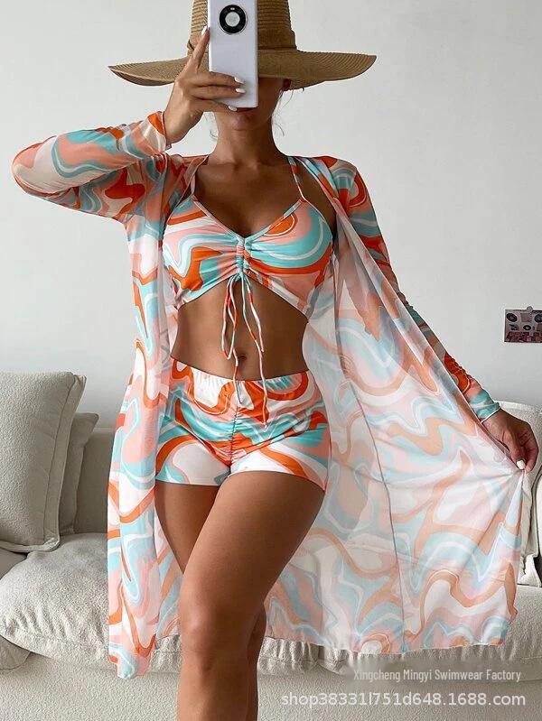 Mingyi European Mesh Blouse & Sexy Leg-Length Pants Three-Piece Swimsuit