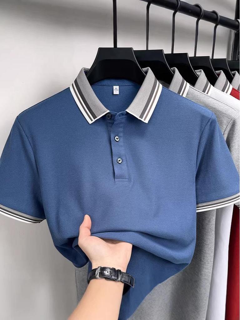 Men's Casual Lapel Polo T-Shirt - Cross Stripe Short Sleeve, Summer Wear for Young and Middle-aged