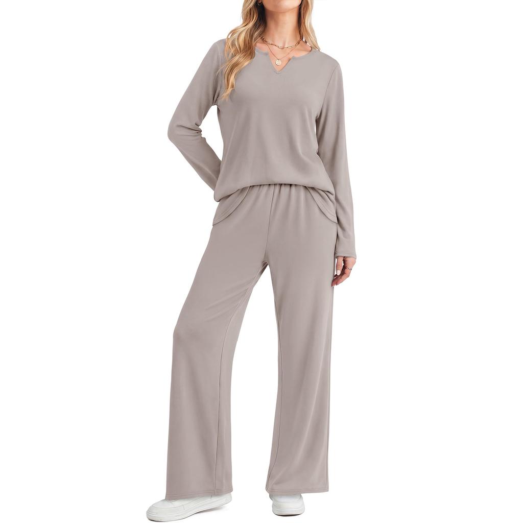 Damen Freizeit V-Ausschnitt Langarm Oberteil und Weite Hosen 2-teiliges Set
