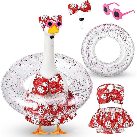 Bikini Porch Goose Outfits, Porch Goose Summer Outfits, Swimsuit with Hat Sunglasses & Swim Ring, Fit 23'' Lawn Goose Statue for Summer Outdoor Garden