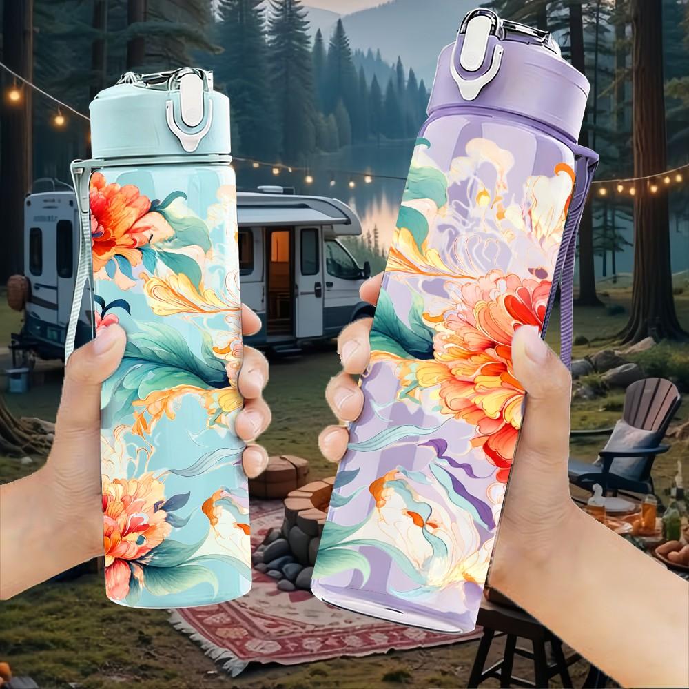 1PC Vintage Floral Bouquet 750ml Color Plastic Sports Water Bottle Leakproof Flip Straw Lid Suitable for Sports Office Home Use