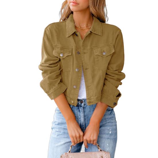 Women's Cropped Denim Jacket Casual Button Down Long Sleeve Coat Fall Spring