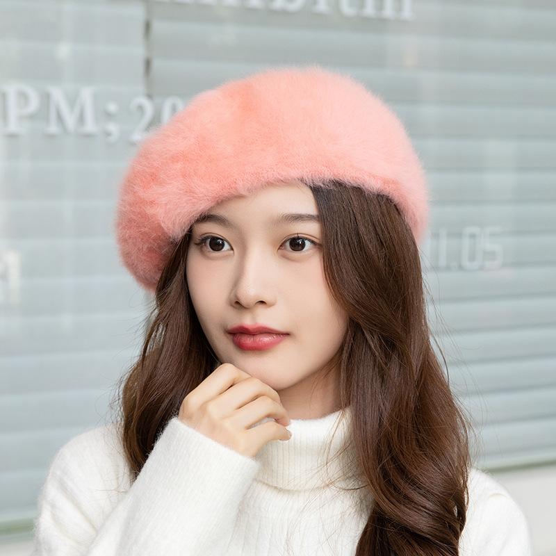 

Осень и зима новый женский повседневный берет из кроличьего меха Анжела, милая однотонная легкая доска, шляпа-гриб One size