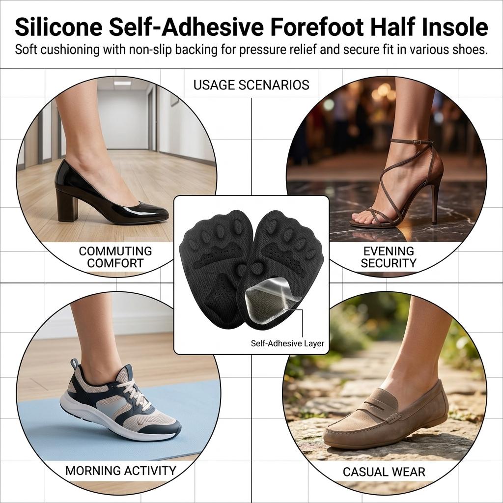 Silicone Forefoot Half Insole For Women With Self Adhesive Non Slip Cushioning