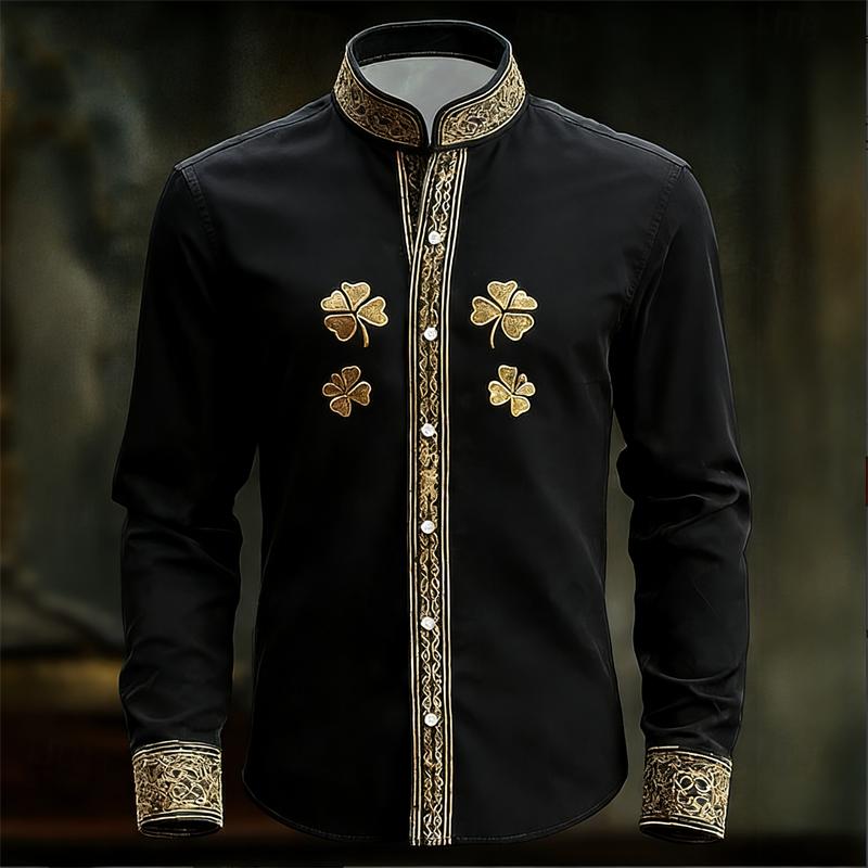 Camicia da Uomo Floreale a Maniche Lunghe con Stampa Trifoglio 3D Dorato Camicia a Maniche Lunghe alla Moda e Lussuosa