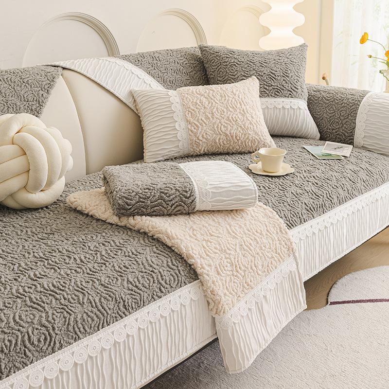 

New French Cream Style Winter Plush High-end Plush Warm And Non Slip Sofa Cushion Universal Leather Sofa Cover Cloth Towel 105x110cm сірий