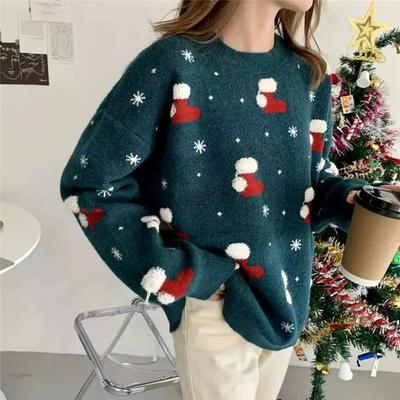 Damski jesienno-zimowy świąteczny sweter z okrągłym dekoltem, dziergany, o luźnym temperamencie, w stylu dojazdowym