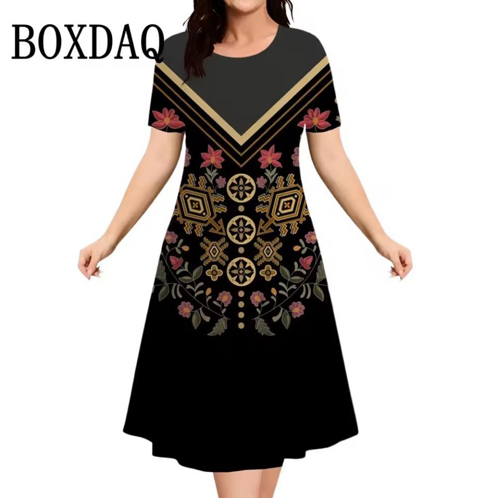 Vintage Elegant Ethnic Elements Flowers Printed Dress Big Size Women's Summer Short Sleeve O-Neck Casual Loose Dress Vestidos