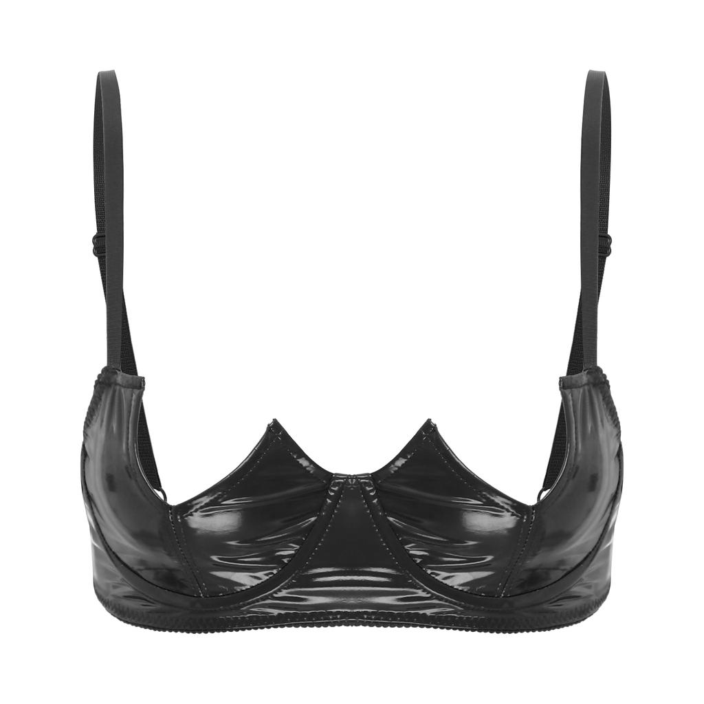 Womens V Notch Underwired Bra Wet Look Patent Leather Adjustable Spaghetti Strap Brassiere Top