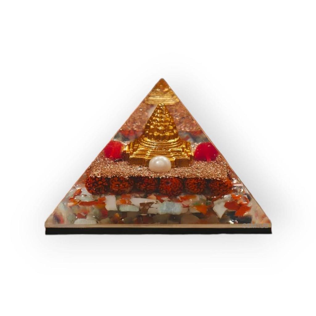 Natural Orgone Gomti Chakra Shree Yantra Pyramid with with Red & White Chirmi Seeds for Wealth, Prosperity, Success