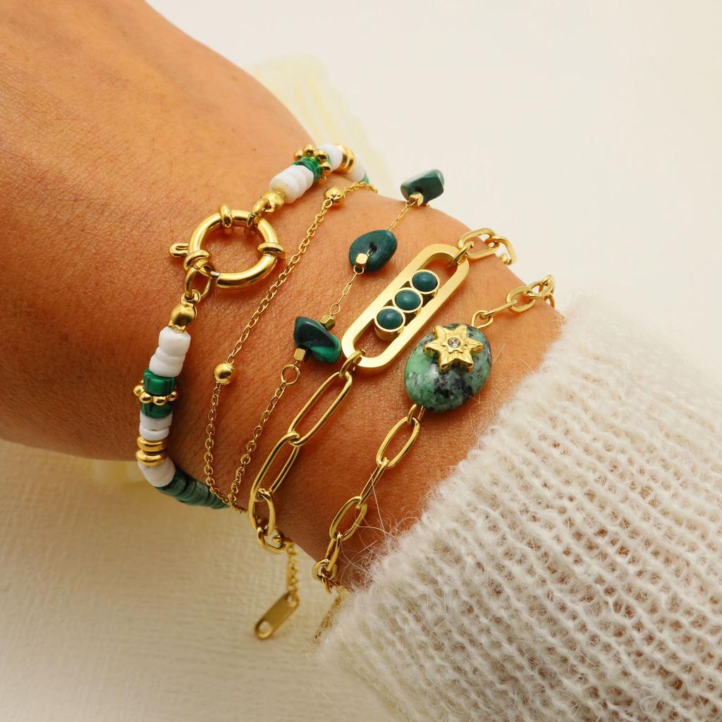 18K Gold Plated Stone Layered Bracelet Set for Women Stainless Steel Malachite Paperclip Chain Gift Custom
