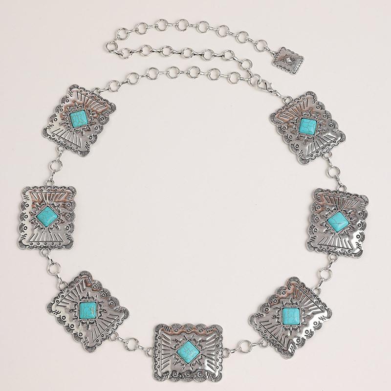 Bohemian Style Artificial Turquoise Metal Waist Chain With Vintage Finish For Women