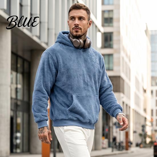 Men Thermal Sweatshirt Plush Hoodie Teddy Fleece Pullover with Kangaroo Pocket Loose Winter Cold Weather Clothing Fit Fuzzy Warm Jumper for