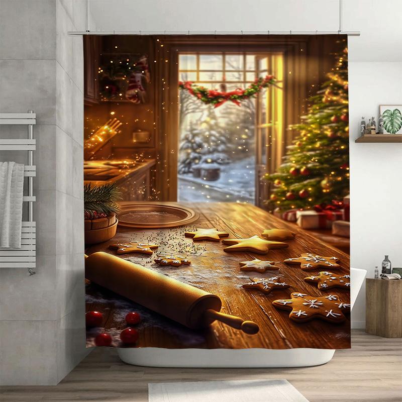 

Tuniu Festive Baking Kitchen Holiday Shower Curtain Christmas Cookie Decor Cozy Home Sweet Treats Charming Rustic Design Waterpr W60H190(CM)-1 Pcs