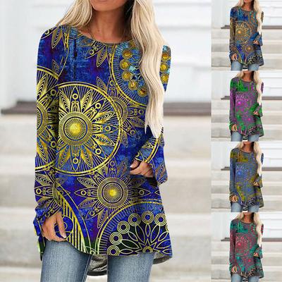 Fashion Women T-shirt Tunic Top Long Sleeve Round Neck Comfortable Flower Print T-shirt Outdoor Casual Girls Plus Size Top S-5xl