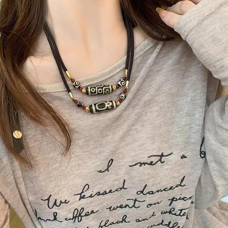 [BCletty] Necklace with Dzi Bead and Agate, Black, for Warding Off Evil, Unisex, Natural Stone, Power Stone Bracelet, for Wish Fulfillment,