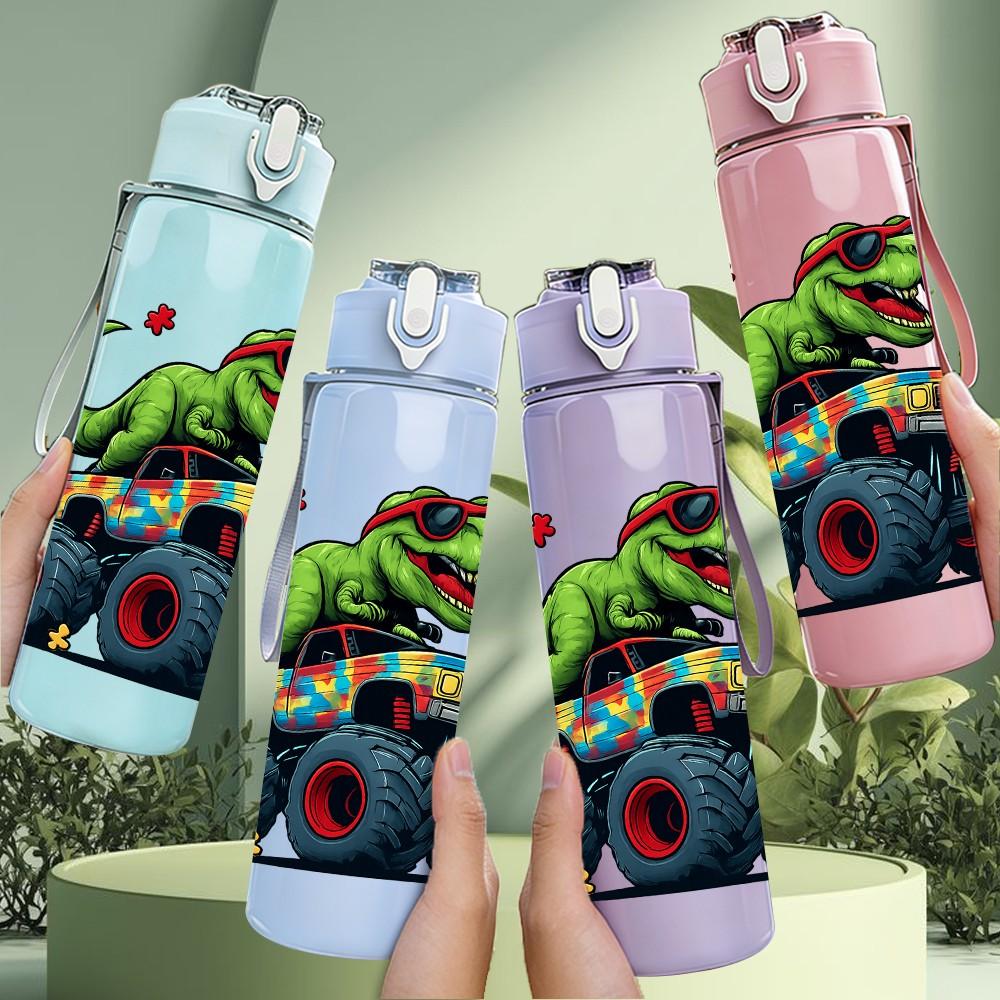 1PC Dinosaur Monster Truck Cartoon 750ml Color Plastic Sports Water Bottle Leakproof Flip Straw Lid Suitable for Sports Office Home Use