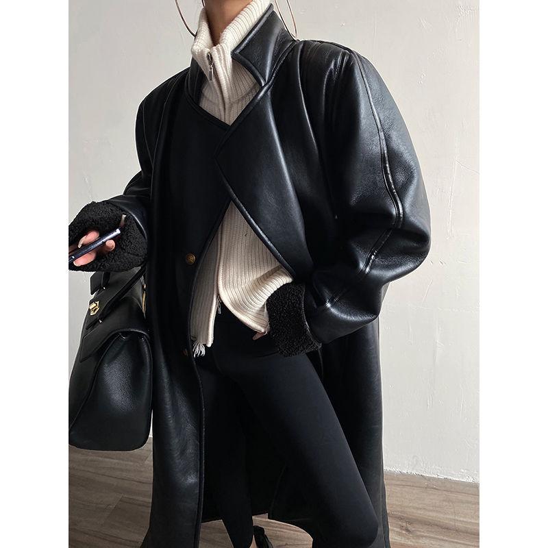 European and American-style Imitation Lamb Wool Stitching PU Leather Women's Handsome Jacket Trench Coat Long Cotton-padded Jacket Coat Women