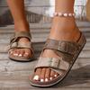 Damen Retro Geometrische Metallschnalle Flache Sandalen Offene Zehen Sommer Strand Schuhe Damen Hausschuhe
