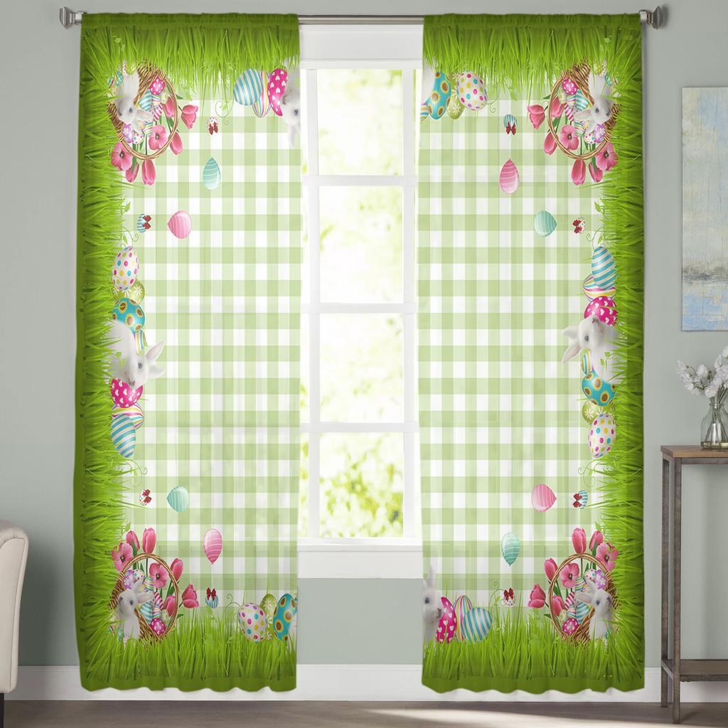 Velikonoční jaro králičí kostkované tylové závěsy do obývacího pokoje voál průhledný závěs okenní závěsy