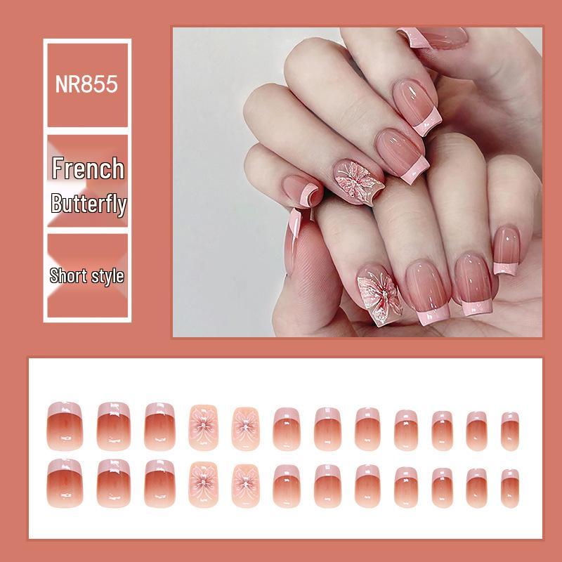

Французские градиентные наклейки для балетных ногтей Т-образной формы с бабочками - 24 свежих и милых коротких носибельных накладных ногтя