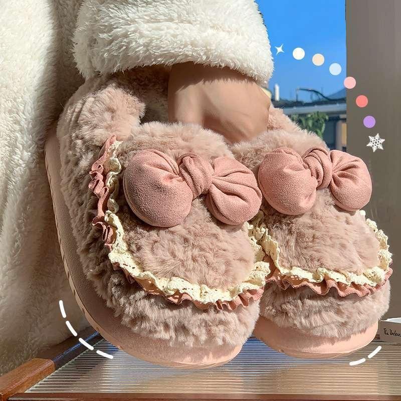 

Girl s heart cotton slippers women s winter velvet thickened bow warm indoor home floor home cute fur 40-41