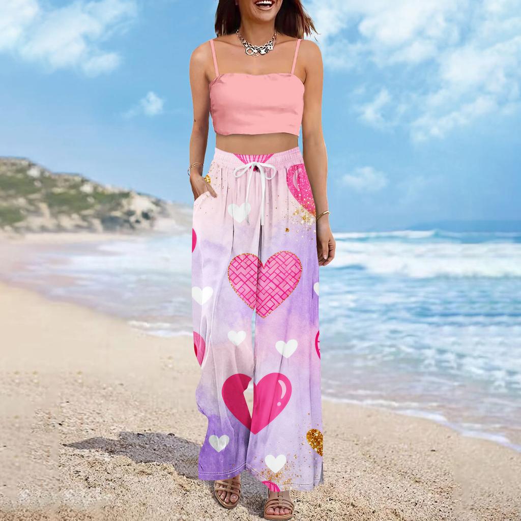 Damen Sommer Boho Palazzo Hose Hohe Taille Weites Bein Druck Freizeithose Mit Taschen