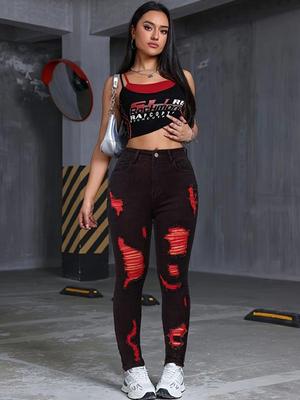 Jeans de Mezclilla Color Block Rasgados de Cintura Alta 2025