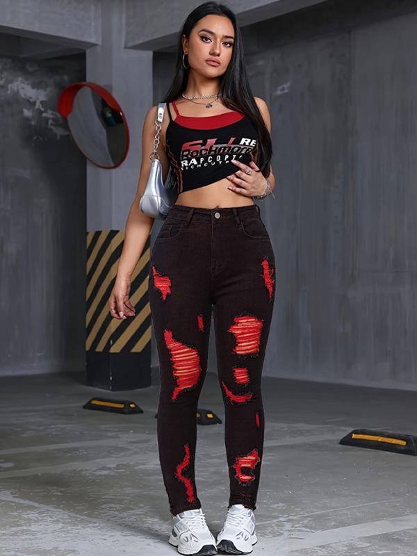 2025 High Waist Ripped Color Block Denim Jeans