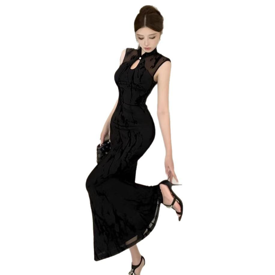 Black New Chinese Improved Cheongsam Mesh Splicing Dress, High-end Temperament Hip Dress, Waist Dress