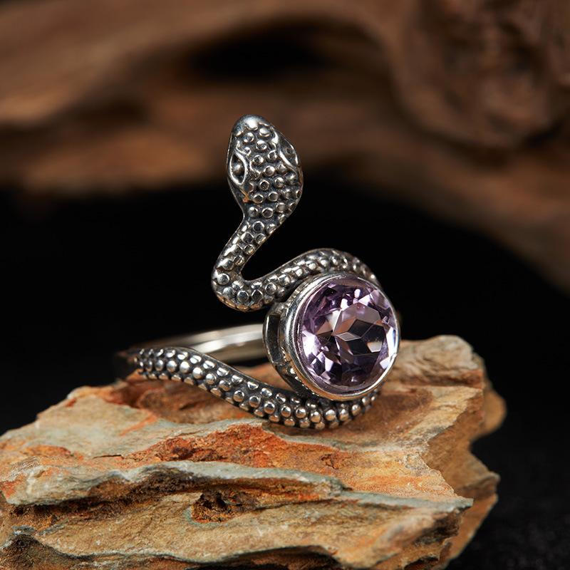 S925 Sterling Silver Natural Amethyst Topa Cat Eye Colored Treasure Thai Silver Ring Snake Hipster Personality Exaggerated Open Ring