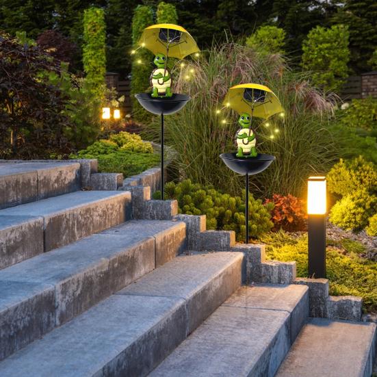 Yousheng Solar Vogelfutterhaus Frosch Gartenfigur mit beleuchtetem Schirm Outdoor Schildkröte Solarleuchte Kolibri-Futterhaus mit Stab für Hofkunst Rasen