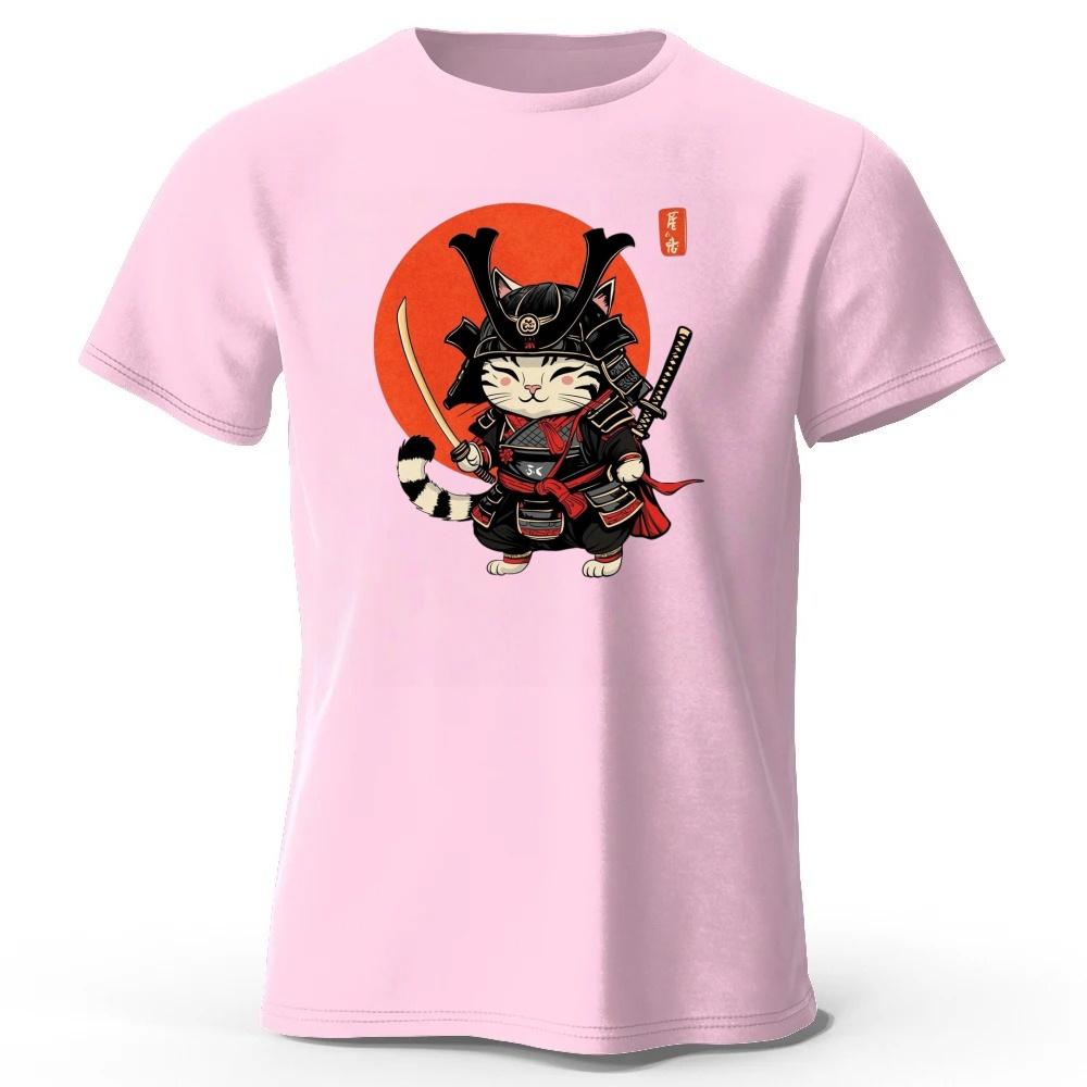 New Mens Samurai Cat Printed Sports Fitness Loose Large Womens Pure Cotton Fashion Casual Camiseta Street Daily Clothing