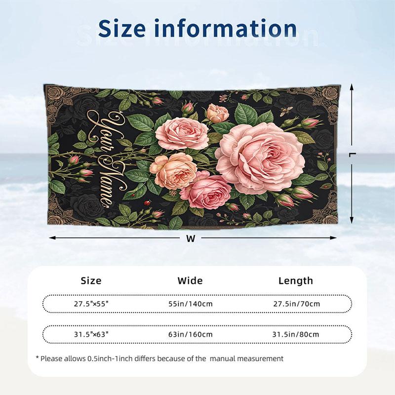 Roses Elegance 4 Theme Quick Dry Beach Towel Custom Name Text Print Large Sand Resistant Towel Beach Vacation