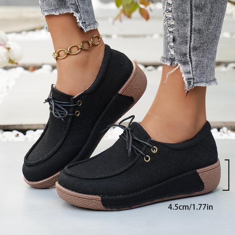 Women Plus Size Canvas Platform Loafers Winter European American Style Lace Up Casual Rocker Shoes