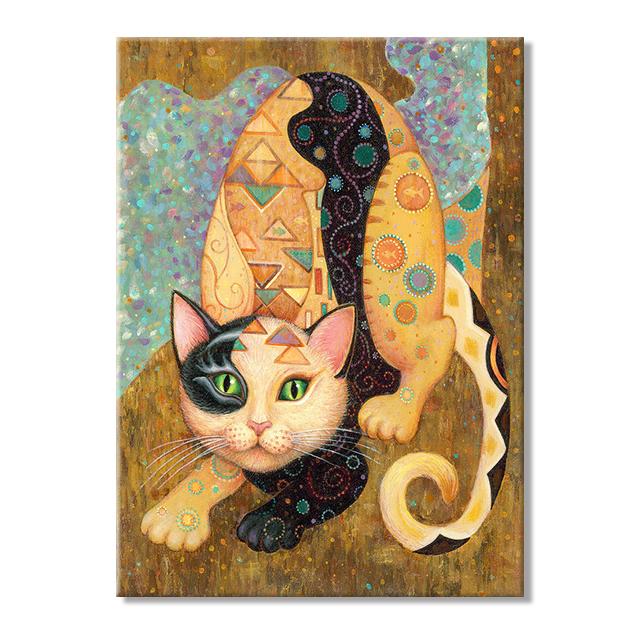 Abstract Gustav Klimt Style Cats Art Canvas Painting Cute Pet Cat Graffiti Art Posters and Prints Wall Art Pictures Home Decor