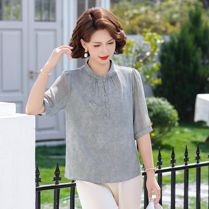 

Elegant Anti-aging Summer Chinese Style Seven-point Sleeve T-shirt for Middle-aged and Elderly Women XL (45-55kg) синій
