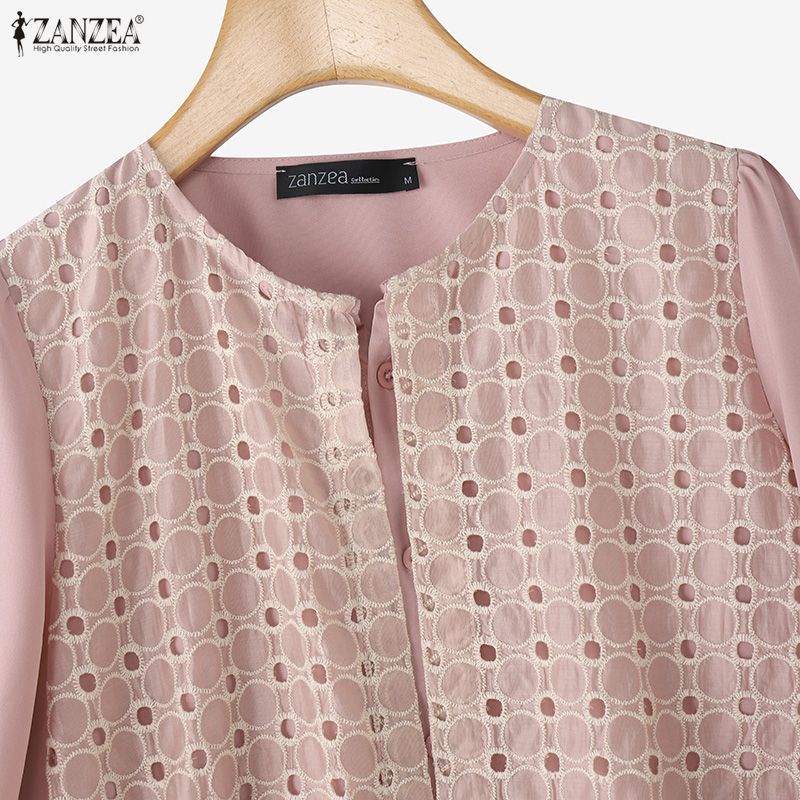 ZANZEA Women Casual Turn Down Collar Long Sleeve Embroidery Splice Fake Two-piece Blouse