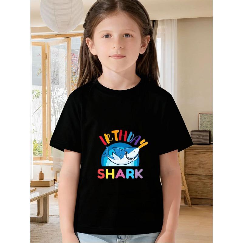 European Sizes Shark & Rainbow Print Birthday Outfit - Summer Short Sleeve Top Suitable for Shark-Themed Parties, Casual Round Neck Tee