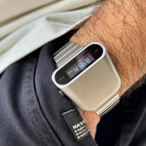 BENLY DESIGN Unique Metal Digital Wristwatch for Men with OLED Display, Raise to Wake Function, Stainless Steel Strap, Silver, Retro Vintage Style