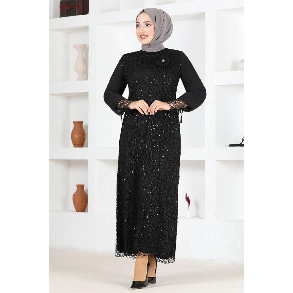 Women's Clothing Evening Dress Fashion Mesh Sequined Rose Hijab Evening Dress 2517 Navy Blue