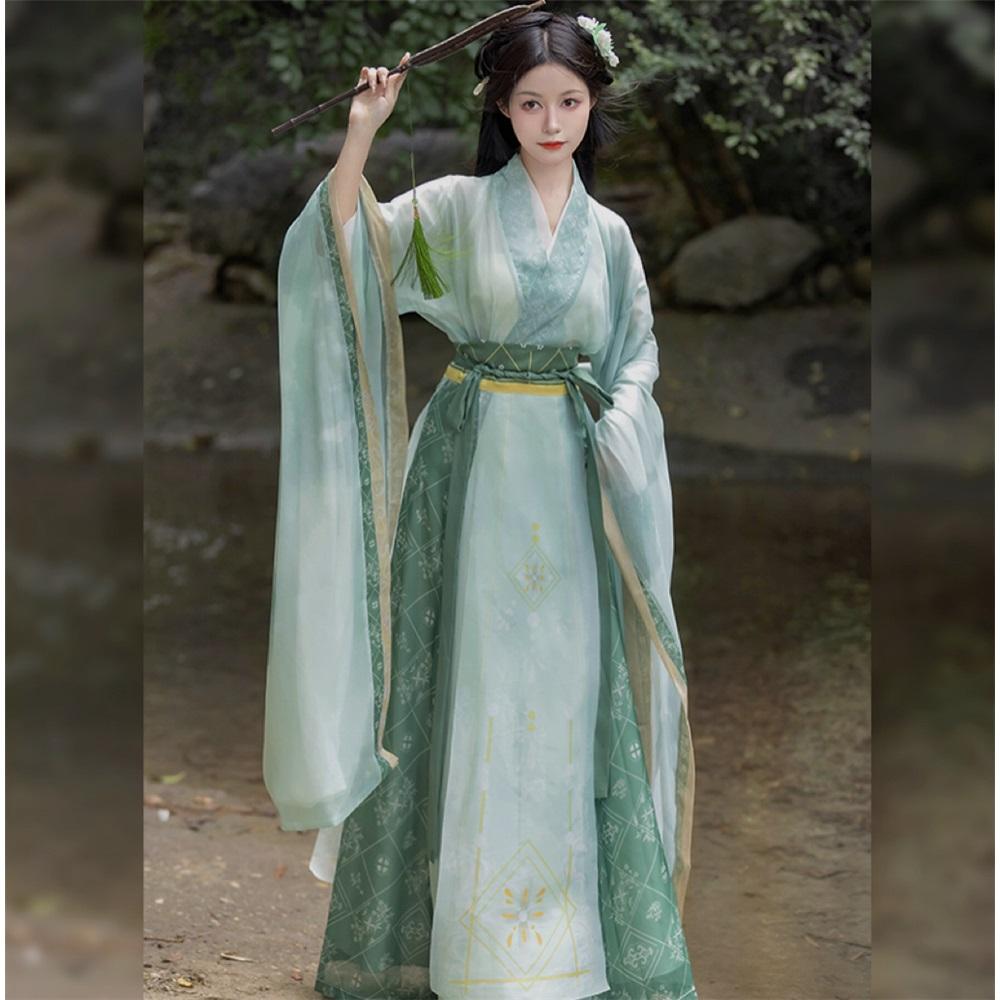 Hanfu de style chinois pour femmes des dynasties Wei et Jin, col croisé, manches larges, costume jupe une pièce