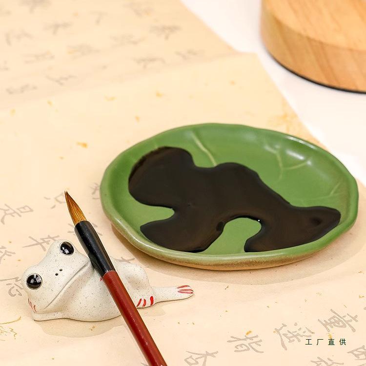 Ceramic Frog Calligraphy Pen Holder and Paperweight Set