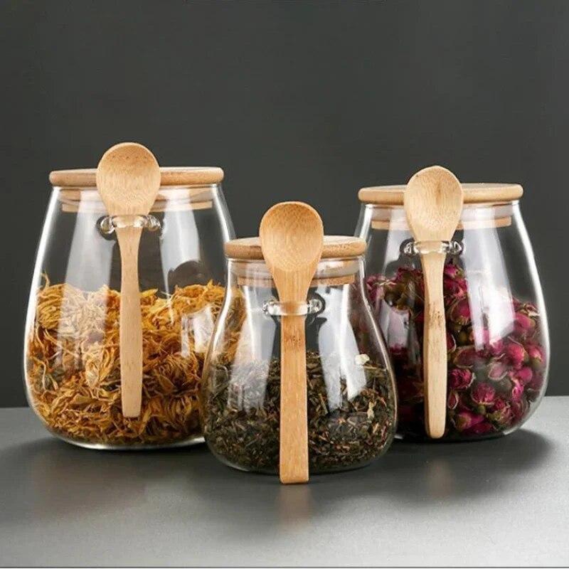 Large Capacity Transparent Glass Storage Jar with Spoon Airtight Container for Snacks Grains Tea Beans Pantry Organizer