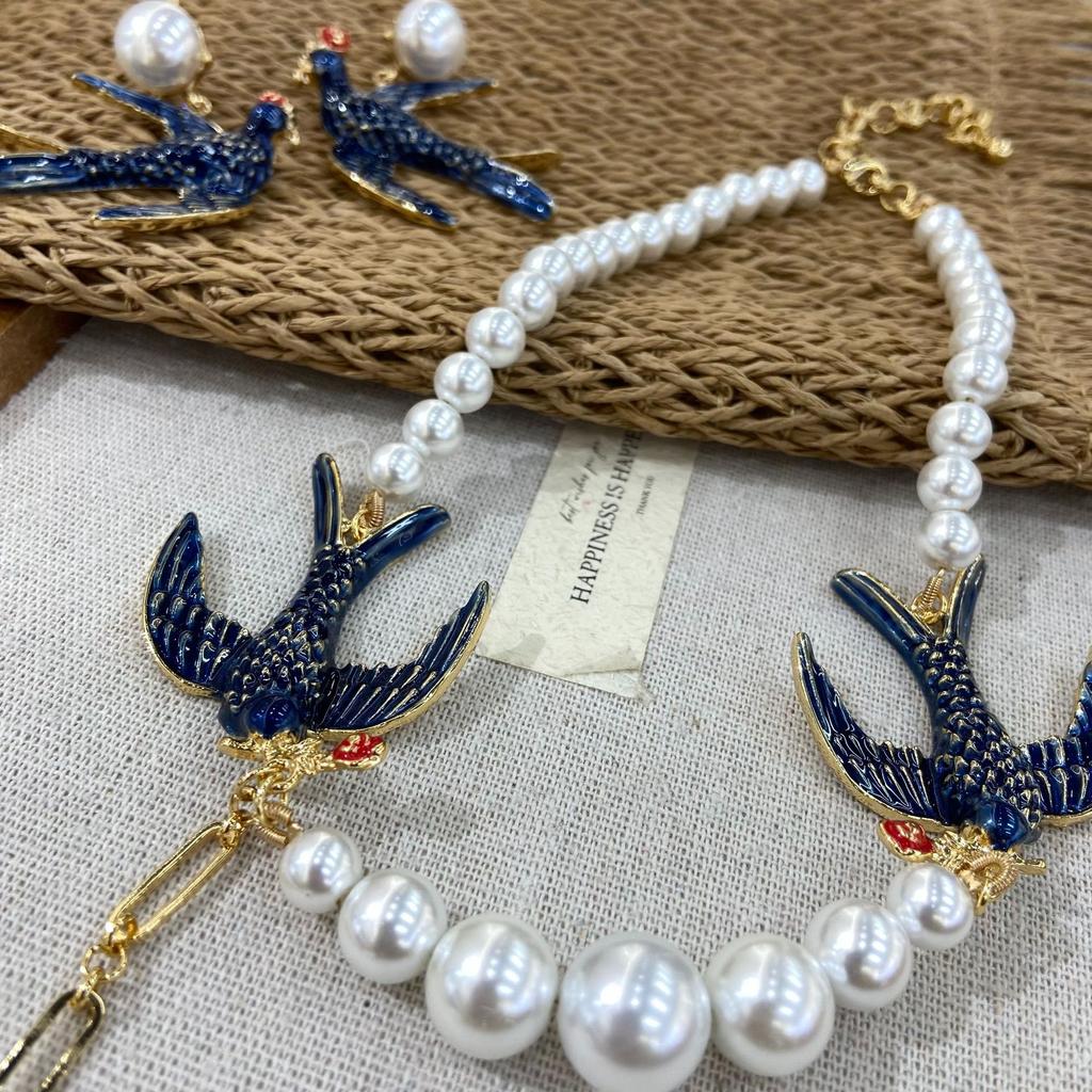Imitation Beaded Swallow Water Drop Sweater Chain Resort Style Retro Personality Niche High Sense Fashion Necklace