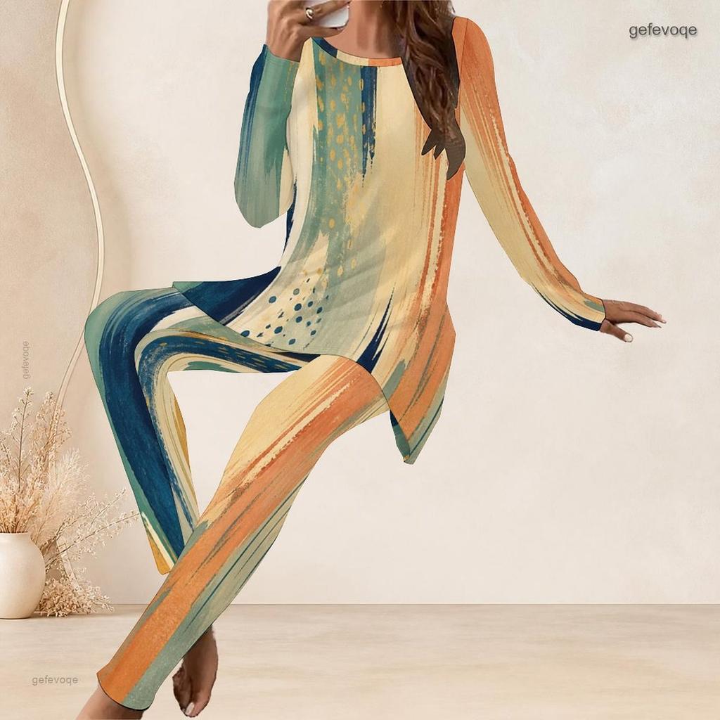 Women Plus Size Round Neck Long Sleeve Navy Blue Printed Longline Top Fitted Pants Set