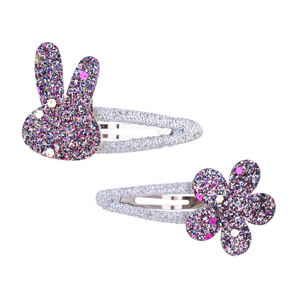 

2 шт./набор Милые блестящие заколки для волос BB для маленьких девочек, заколки для волос в виде кролика и цветка, шпильки, головные уборы, модные детские аксессуары для волос