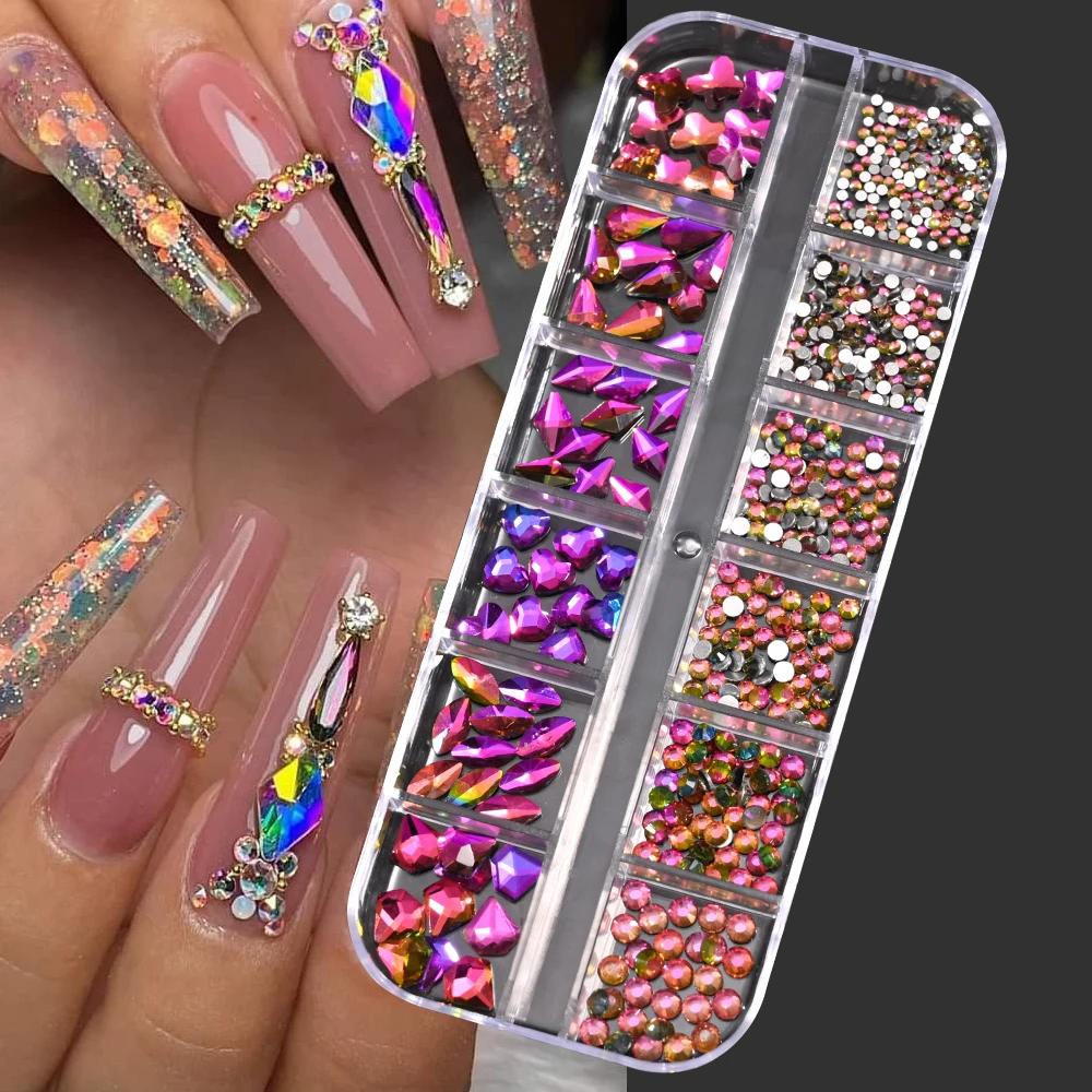 12Grids Pink Mixed Nail Rhinestones Luxury Nail Charms Glitter Crystal Jewelry Gems Nail Art Decoration DIY Manicure Rhinestones