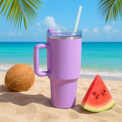 Thermobecher 1100ml mit Strohhalm und Griff – Auslaufsicher und Spülmaschinenfest - Farbe Lila